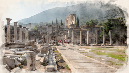 Library of Celsus and sculpture in the ancient city of Ephesus, Selcuk Izmir, Turkey in watercolor...