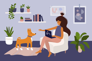 Stay and work from home. Cute girl working online on laptop and playing with dog Basenji. Coronavirus quarantine isolation. Vector illustration of young woman and pet in cozy interior with houseplants