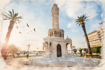 Konak Square street view with old clock tower (Saat Kulesi) in Izmir, Turkey at sunset. It was built in 1901 and accepted as the official symbol of the city. watercolor sketch painting - obrazy, fototapety, plakaty