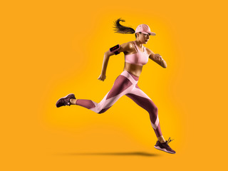 Fototapeta na wymiar Woman running. Isolated on yellow