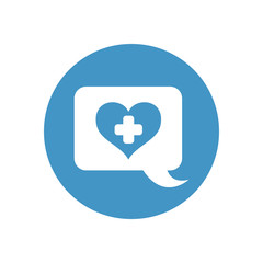 speech bubble with heart with medical cross icon, block style