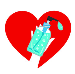 Holding a gel bottle in a red heart, on a white background