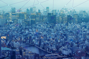 Tokyo cityscaped top view with cyber digital line in future network concept.