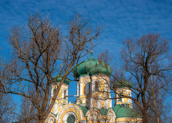 Pavlovsky Cathedral on a sunny spring day. Fragment. Rooks on the trees. The blue sky, green domes and the yellow walls of the cathedral. Gatchina, Russia