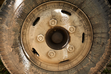 closeup of Dirty truck tire on the parking area