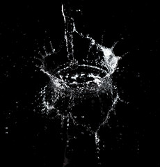 Splashes and drops of water are on a black background.