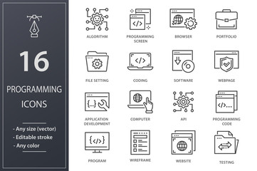 Programming line icons set. Black vector illustration. Editable stroke.