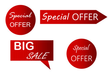 red stickers with sale and discount inscriptions