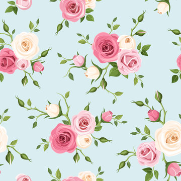 Vector seamless pattern with pink and white roses on a blue background. © naddya
