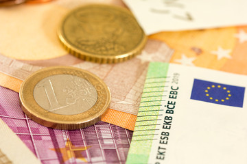 Euro currency money background with banknotes and coins