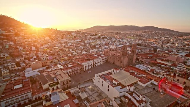 Drone Flight Over Zacatecas Downtown Sunrise Day