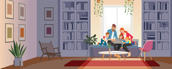 Home schooling concept. Family at home with tutor or parent getting education at home. Big family conversation via video conference in home library looking at laptop. Cartoon vector illustration