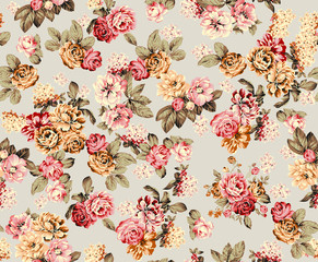pink and orange  Shabby chic vintage roses, tulips and forget-me-nots vintage seamless pattern, classic chintz floral repeat background for web and print