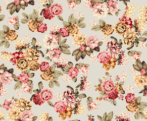 Behang Oranje roze en oranje Shabby chique vintage rozen, tulpen en vergeet-mij-nietjes vintage naadloos patroon, klassieke chintz bloemenherhalingsachtergrond voor web en print