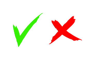 Check mark icon set. Green tick and red cross flat simbol. Check ok, YES or no, X marks for vote, decision, web.Correct and incorrect sign. Right, wrong icons.vector eps10