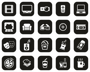 Movie Night At Home Icons White On Black Flat Design Set Big