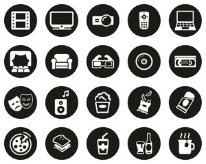 Movie Night At Home Icons White On Black Flat Design Circle Set Big