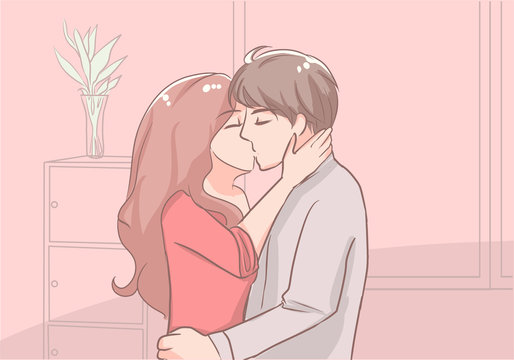 sweet couple kissing spend time together during quarantine at home