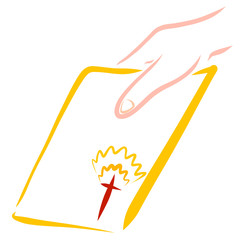 form in hand with a shining cross in the lower corner