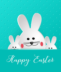 Happy Easter. Cartoon Easter Bunny looking at a green embossed background. Template for greeting card. Paper cut style.