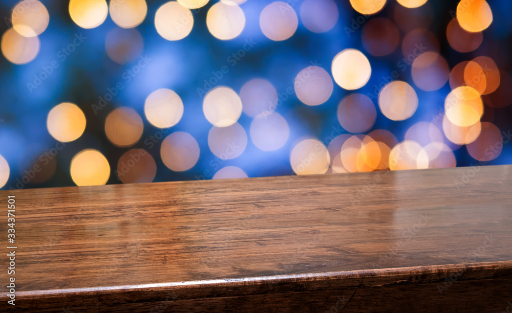 Aufkleber empty diagonal dark wood table with blur night lights in blue sky bokeh background,banner mockup tem