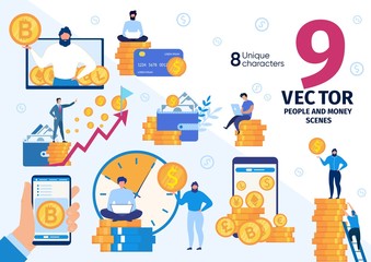 Cryptocurrency Miner or Trader, Stock Exchange Player, Bitcoin Investor Life Scenes, Work Situations, People and Money, Financial Success, Currency Trade Concepts Trendy Flat Vector Illustrations Set - obrazy, fototapety, plakaty