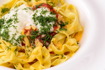 Spaghetti pasta with dill and tomato sauce served in white plate over light rustic wooden table.
