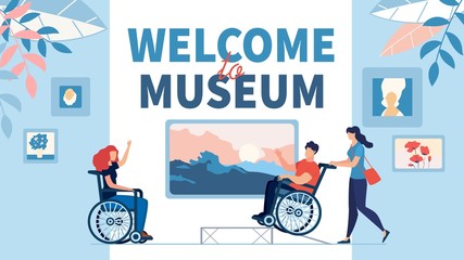Excursion to Museum for Disabled People Invitation. Happy Man and Woman Sitting in Wheelchair Meeting at Art Gallery. Handicapped Visitor at Artwork Exhibition. Culture Tourism. Vector Illustration