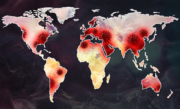 Coronavirus Pandemic Spread. Infected Earth Continents. COVID-19 Microbes Impact Zone Over World Map 3d Rendering.