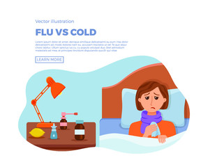 Sick girl in bed with the symptoms of  cold, flu. Cartoon vector character on pillow with blanket and scarf, medicine, lemon, thermometer. Illustration of unhealthy woman with a high fever, headache.