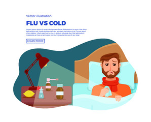 Sick men in bed with the symptoms of  cold, flu. Cartoon vector character on pillow with blanket and scarf, medicine, lemon, thermometer. Illustration of unhealthy guy with a high fever, headache.
