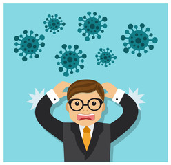  a man in a panic screams and fears and around the virus fly
