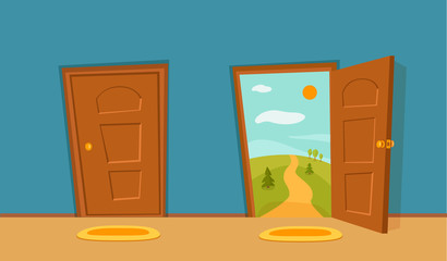 Open door cartoon colorful vector illustration. House apartment entrance