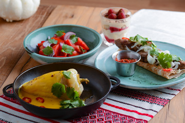 Healthy vegetable salads. Sweet dessert in a glass. Restaurant concept, copy space.