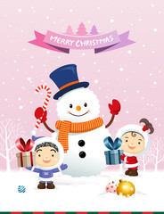 Happy winter, christmas, happy new year. Happy children receiving christmas gifts. Snowman winter background.
