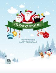 Happy winter, happy christmas, happy new year. Winter forest background and Santa Claus celebration concept design.