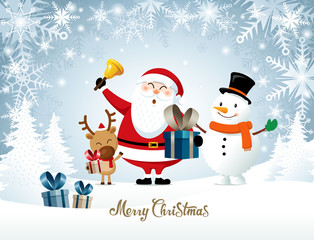 Merry Christmas, Happy Christmas friends. Santa Claus, Snowman, Rudolph, Gifts, white snow background.