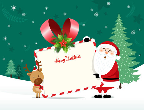 Santa Claus and reinder are holding a Christmas greeting card. With green background, vector illustration.