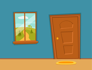 Window and door cartoon colorful vector illustration with valley summer sun landscape