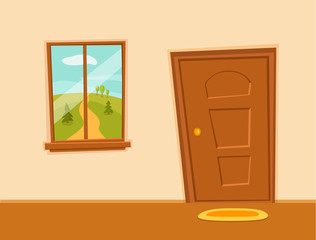 Window and door cartoon colorful vector illustration with valley summer sun landscape