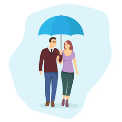 Man and woman under an umbrella. A loving couple walks under an umbrella. Vector illustration of a loving couple under an umbrella.