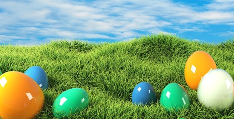 colorful Easter eggs in grass 3d rendering