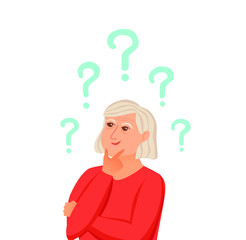 Old woman thinking with question marks. Vector illustration