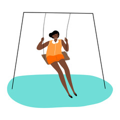 Black kid girl riding on swing and feeling happy vector illustration