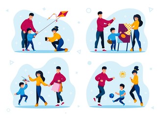Fototapeta na wymiar Happy Family Life Activities and Healthy Lifestyle Trendy Flat Vector Concepts Set. Parents with Child Launching Kite, Drawing Painting, Playing Football, Shopping on Sale Isolated Illustrations