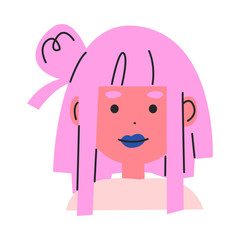 Smiling woman with pink straight hair and blue lips vector illustration