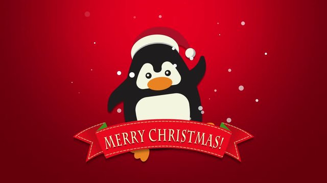 Animated Close Up Merry Christmas Text Funny Penguin Waving On Red Background