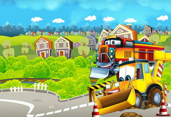 Obraz na płótnie Canvas Cartoon funny looking train on the train station near the city and excavator digger car driving and plane flying - illustration