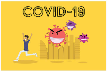 COVID-19 chasing a man that he hurry running with fear , flat vector design, character gartoon 