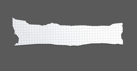 White ripped striped note, copybook, notebook paper stuck on light gray background.